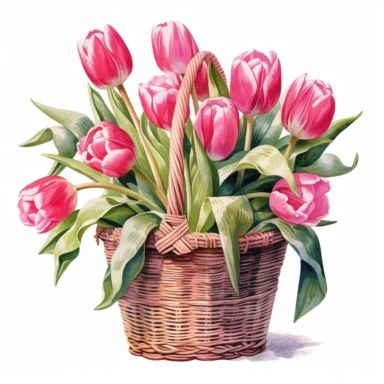 watercolor clipart of hot pink tulips in a basket, in the style of uhd image, high detailed, stock photo, colorful realism, ornate still lifes, isolated on flat white background, no shadow