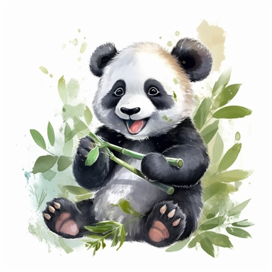 adorable cute laughing baby panda in bamboo forest, watercolor clipart, high definition, cute character, detailed, intricate detail, megapixel, super resolution, white background, no watermark