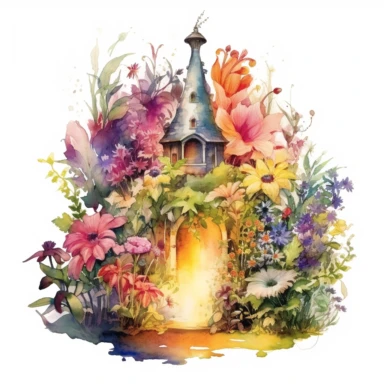 watercolor fire Fairy garden, A lush garden filled with vibrant flowers, aromatic herbs, and secret nooks for fairies to restf, lame around, detailed, hd, clipart