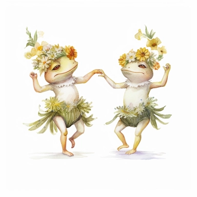 two cute frog designs dancing with flowers clipart, in the style of fairycore, surrealistic poses, animation, kawaii, green academia, beatrix potter, watercolor print, white background, watercolor paint, procreate watercolor drawing, Watercolor Sublimation design, realistic cartoon, realistic water based colors, clipart, transparent white background