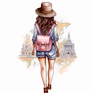 Cute Beautiful Travel Girl Back View Full Body Watercolor Sublimation Clipart,Cartoon,hyper realistic, intricate detail, illustration style,high solution,on the white background, in paris, transparent background