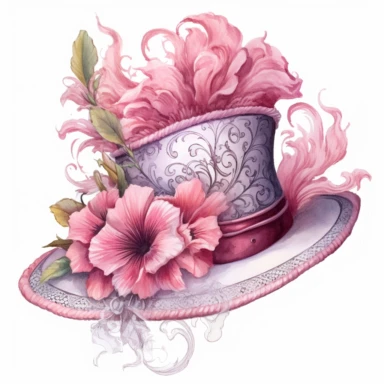 A Victorian-inspired pink tea party hat with intricate silk flowers, delicate feathers, and lace trim. The fine details in the design showcase the intricate detail of the hat. Clipart, watercolor, white background, intricate detail