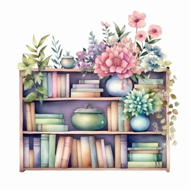 watercolor style, a bookshelf with multiple books, flowers and other decorations on it, realistic, delicate shades, clipart, isolated on white background, 4K