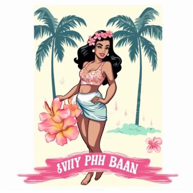 hawaiian girl on beach, retro cartoon drawing clipart, Hawaii PNG ,Maui Png ,Waikiki svg, Vintage Travel png, Tropical Sublimation, Preppy png, Coconut Girl svg, Trendy svg, Hibiscus SVG Tumblr, white background, mockup no shadow