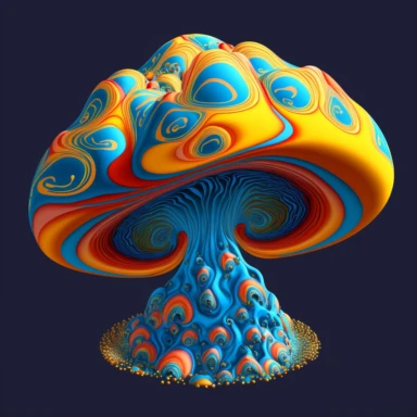 An AI generator could create a 2D, psychedelic mushroom realistic natural art that features a brightly colored, cartoonish mushroom with a bulbous cap, adorned with swirling patterns in shades of bright azure, vibrant crimson, shimmering metallic silver, and brilliant yellow. The stem is thin and twisted, and it too is covered in the same psychedelic patterns, with the addition of metallic silver and yellow. The mushroom is set against a background of swirling colors, giving the overall image a 