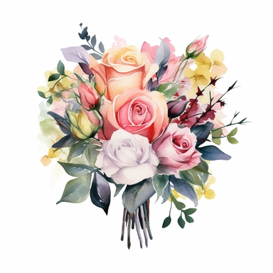 watercolor painted bouquet of mixed colored roses clipart, Flower Border clipart, Minimalist Flower Bouquet clipart, mixed colored roses Clipart roses painting formal glamour elegant style wedding floral bouquet, wedding clipart include babys breath flowers in the bouquet 4