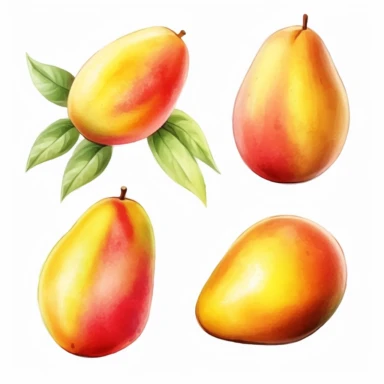 Draw a set of playful and colorful, watercolor style illustrations of mangos, evenly space elements for clipart, white background