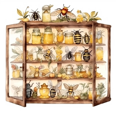 whimsical watercolour clip art curiosity cabinet with glass doors. Bee and honey themed