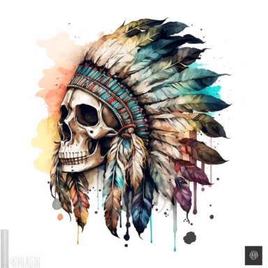 Hand Drawn Color Native American Indian Headdress With Human Skull Watercolor clipart