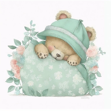 an ultra Cute little newborn baby teddy bear wearing mint green shabby chic floral traditional classic pyjamas and bedtime hat lying on a mint green pillow and blankets watercolour, cute,, bedtime, sleepy, dreamy, isolated on white background, Clipart