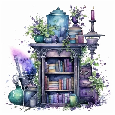 magical style wizard's magic reading corner with watercolor effect,suitable for digital clipart,magic tools,old magical books,gothic bookcase full of books,potion bottles,magic caulddon, gothic candles,white background,magical flowers,magical scene,fairy dark colours,green ,blue,purple,gothic details Clipart ,Cartoon,hyper realistic, intricate detail, illustration style,high solution,on the white background