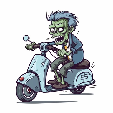 a zombie driving a Vespa and wearing a helmet clipart with a white background