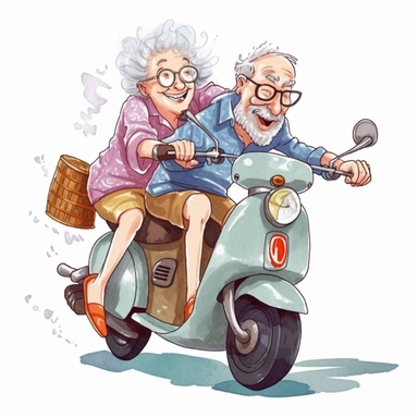 Grandpa drove Grandma by motorbike, Funny Grandparents, illustration, extremely detailed, illustration clipart, on white background, watercolor