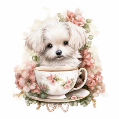 A Maltese dog sitting in a vintage tea cup, surrounded by tea leaves and delicate tea roses, creating a whimsical and charming composition, with a white background and watercolor clipart.
