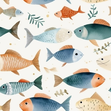 watercolor underwater animals clipart, minimalist, cute fish, scandinavian style, childish digital pattern, dust blue, cream, brown, pastel color palette, hd,