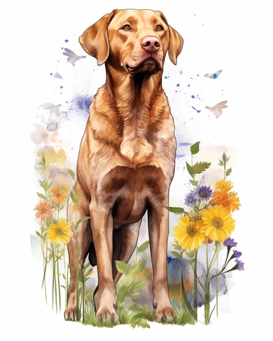 detailed watercolor Chesapeake Bay Retriever standing on flowers realistic clipart