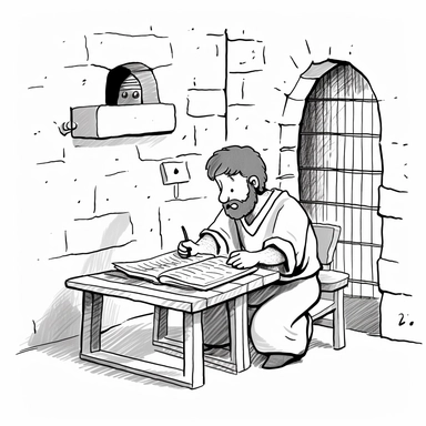 cute black and white clipart of paul from the bible writing a letter in prison, suitable for a childrens book