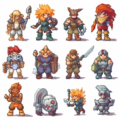Create clipart sets showcasing the chrono trigger character, in 8 bit game style, pixel art, including different characters, sharp clear lines hyper detailed high resolution white background