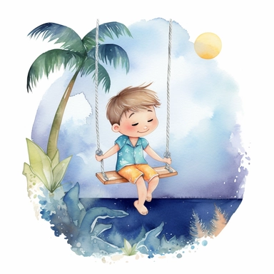 watercolour, tropical island setting, showcase an adorable little Hawaiian boy, he is swinging from the moon, the feeling is magical, clipart style