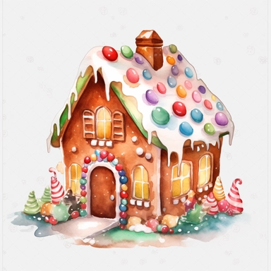 Watercolor, clipart, Gingerbread House with colorful icing and candy decorations, on white background, space out ar 3:2