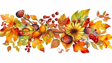 watercolor fall illustration. autumn leaves, sunflower, maple leaf, rowan berries, oak, acorn arragement. thanksgiving clipart , expressionism art style, high quality, high resolution, clean detailed