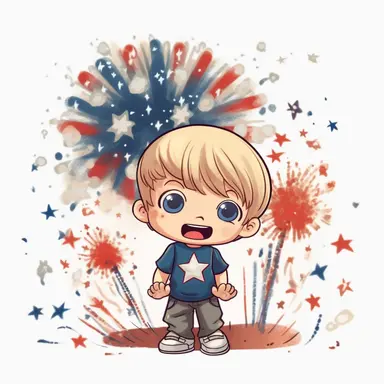 Super cute, American flag with army kid Sublimation Clipart, Cartoon funny, Cute anime, Very detailed, firework background