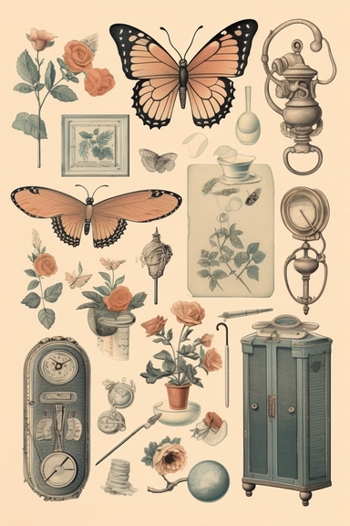 Art vintage vector clipart for junk journal, nostalgic love theme, high quality, soft and muted pastel colours, 8k, f1