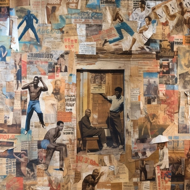 A background filled with various newspaper clippings. Within these clippings, use predominantly letters, but include a few analog photos representing people dancing, boxing, and cooking, in the context of the Cuban revolution.