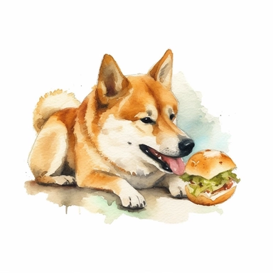 light watercolor Shiba Inu eating a beef out of house realistic Clipart on white background