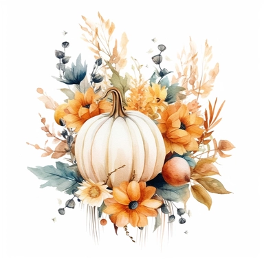 clipart, watercolor, fall flower, pastel pumpkin, pumpkin, boho feather, gourd, white background