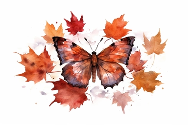 Watercolor, Generate an image of an American Copper butterfly resting on a bed of colorful autumn leaves, clipart, hd, on a white background, spaced out