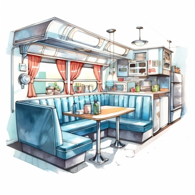 watercolor diner booth clipart, hd on white background, spaced out ar 3:2