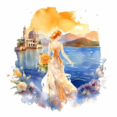 watercolor clipart illustration-venus rising from the sea, white dress, tiara and damask roses garden,backdrop sun, mountains and coastal buildings