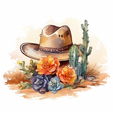 Design an enchanting watercolor clipart illustration on a white isolated background vector, showcasing a beautifully embellished leather cowboy hat with colorful floral patterns resting on the sandy desert floor, accompanied by a tall and proud cactus plant. Draw inspiration from the artistic style of Joseph Zbukvic, a talented watercolor artist celebrated for his atmospheric and evocative compositions, to create a composition that exudes tranquility and captures the essence of the desert enviro