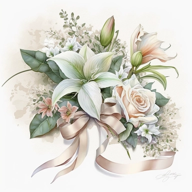 clipart aquarelle, detailed ans realistic, white background. beautiful flower tribute in white color, white theme, Bouquet for funeral, loss, sorry, with additions like sash ribbon