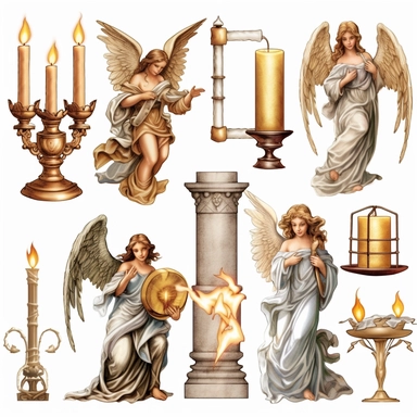 a set of beautiful, highly detailed clip art, clipart, for the bible and bible elements, candle, angels, harps, high quality, stunning lighting effects, no shadows, space around each item, WHITE Background only