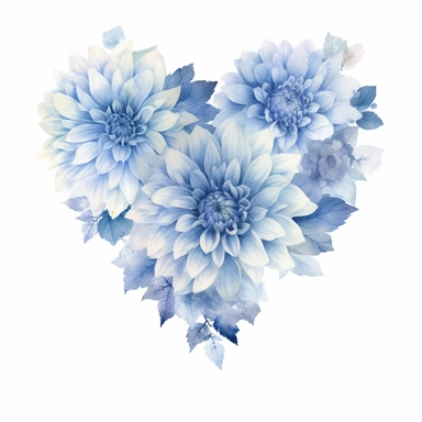 a heart shape made with soft blue and pastel blue Dahlia flowers, wet on dry watercolour style, dark gothic antique look, clipart, white background