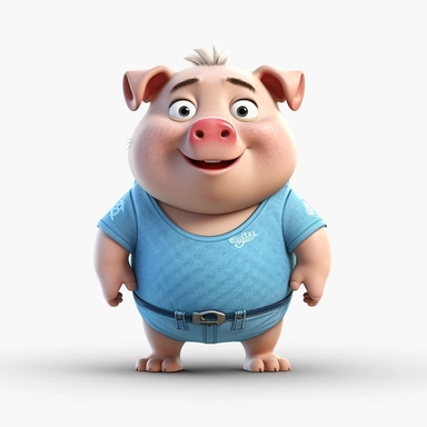 Front view of animated big belly pig standing wearing t-shirt character design, full body, face drawing in top quality, high quality face drawing, clipart, full illustration, 4k, sharp focus, Soft skin, symmetrical, detailed face, concept art, storybook style, chibi kawaii. Octane rendering, 3D, perfect face, detailed face, delicate face, sharp lips. Perfect, detailed eyes