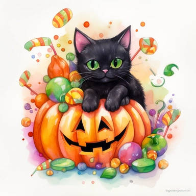 a large Halloween pumpkin, pumpkin is filled with colorful wrapped candies, lollipops, and candy corn, inside the pumpkin is a cute little black kitten with big green eyes, scattered candy is laying flat around the pumpkin, Halloween colors, magic, fantasy, watercolor, clipart style, white background with margins