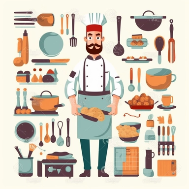 bright Colorful Clip Art for chef kitchen, 2D, Vector, Flat separated on white background