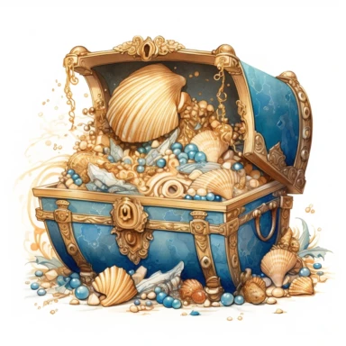 a treasure chest, brimming with untold riches, rests on the sandy ocean floor. The chest gleams with polished gold, adorned with intricate engravings that hint at ancient legends. , azure waters. Delicate seashells and shimmering pearls are scattered nearby, clipart, white background