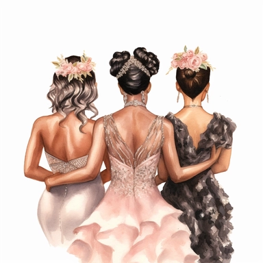 glamour dolce & gabbana half body back shot, watercolor white wedding dress bride wedding black bride hairstyle with beautiful gold headpiece clipart, + two black bridesmaids in pink dress black hair, hd, isolated on white background, spaced out ar 3:2