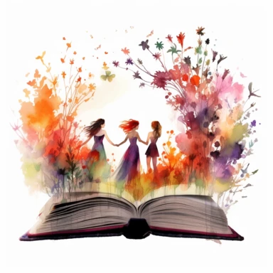 An opened book with watercolor floral design, with women group in it, in the style of fictional landscapes, peculiar fantasy, dreamlike illustration, magical, clipart, white background, vector image* *