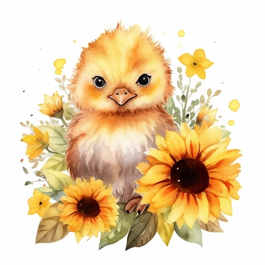 Watercolor Sunflower Clipart Cute baby chick with Sunflowers, White Background, no text
