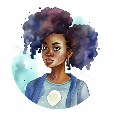 watercolor pretty mixed african american teen girl painting clipart, hd, on white background, spaced out--ar 3:2--s 1000