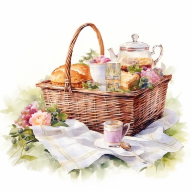 Victorian Tea Picnic in the Park Wicker baskets gingham blankets and laughter in the air clipart isolated on clean white background, soft pastel colors, in style of Willem Haenraets in the style of realistic watercolors, feminine sensibilities, detailed illustrations, made of all of the above, isolated on white background