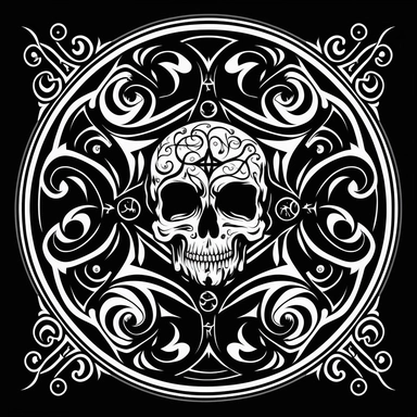 scroll pattern large with skull in middle with scrolls all around black and white flat vector line art clipart