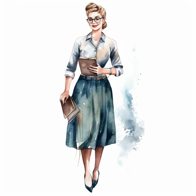 watercolour clipart of a beautiful woman class teacher, full length, high quality, very high details , white background