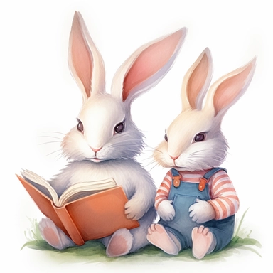 Cute rabbit wear pink shirt read children book to shirtless white cute bunny clipart,smile expression, they sit side by side pose, left side view, in the style of watercolor cartoon clipart, beatrix potter style,pixar style, high resolution, composition free space, pastel color scheme, soft and tender, watercolour clipart, watercolor illlustration for kids and children,isolated white background, clipart most popular on etsy, book illustration, featured on dribble,print on demand image, PNG tranp