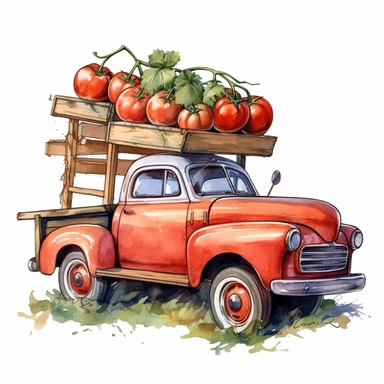 tomatoes on a wooden hanger, watercolor clipart & clip art, in the style of light red and dark gray, narrative paneling, classic american cars, uhd image, hand lettering, depiction of rural life, wood